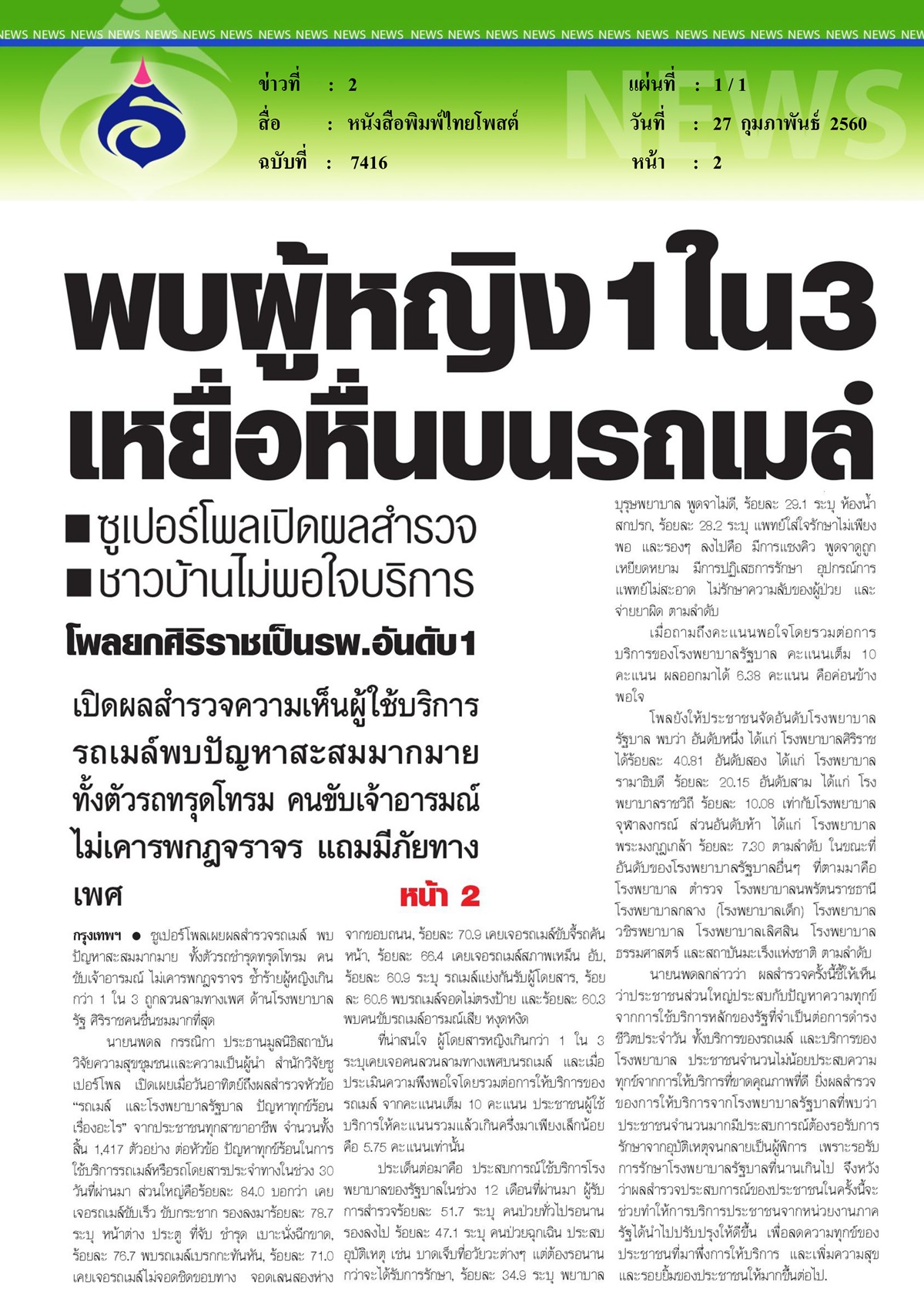 หนังสือพิมพ์ไทยโพสต์, พบผู้หญิง 1 ใน 3 เหยื่อหื่นบนรถเมล์ ซูเปอร์โพลเปิดผลสำรวจชาวบ้านไม่พอใจบริการ