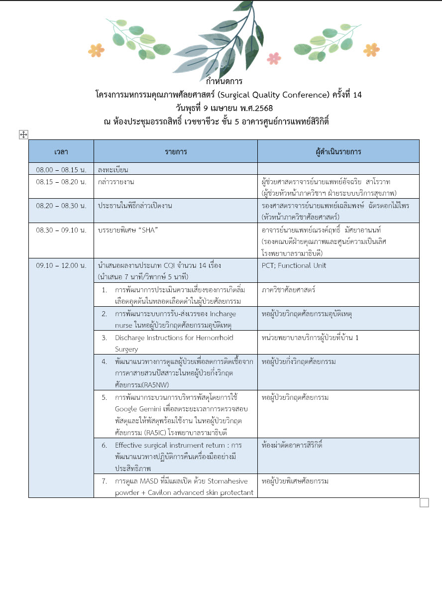 กำหนดการมหกรรมคุณภาพศัลยศาสตร์ ครั้งที่ 14_P1 กำหนดการมหกรรมคุณภาพศัลยศาสตร์ ครั้งที่ 14_P1